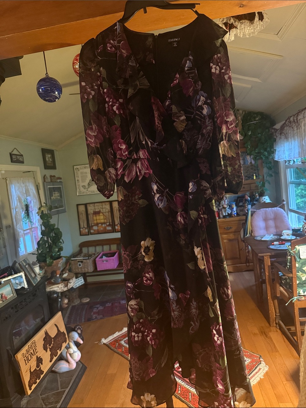 Floral Ruffle Midi Dress in Black with Purple & Green Bloom